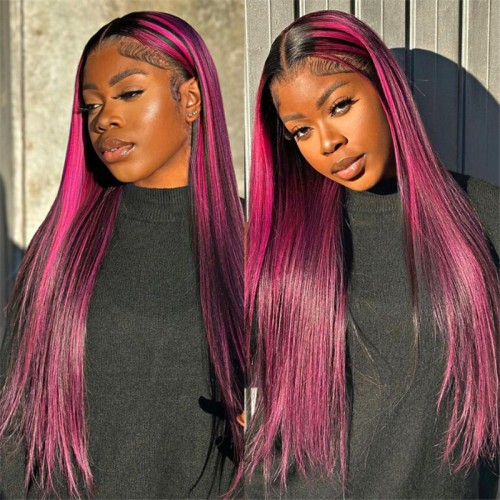 Purple Highlights Straight 13x4 Transparent Lace Front Wig | Human Hair Wig | Lace Front